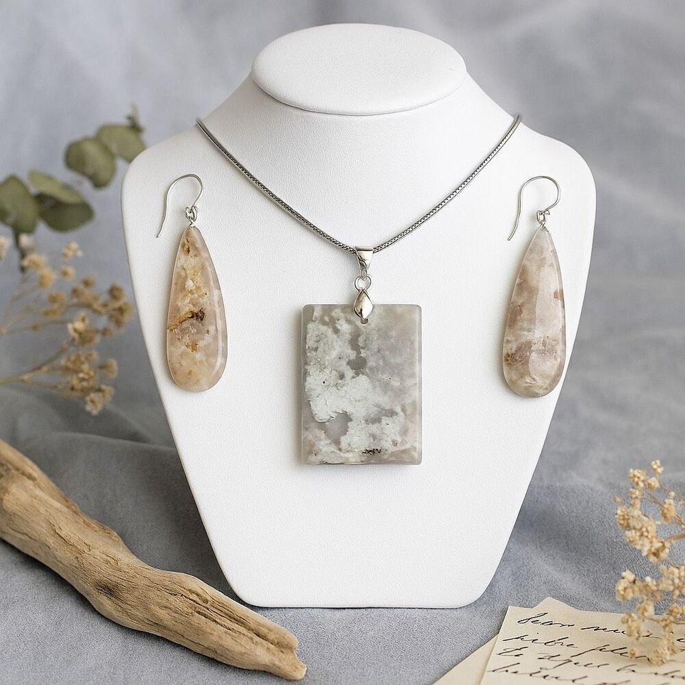 Natural Flower Agate Pendant & Earrings Set Cloudy White & Gray Silver Bail Gift